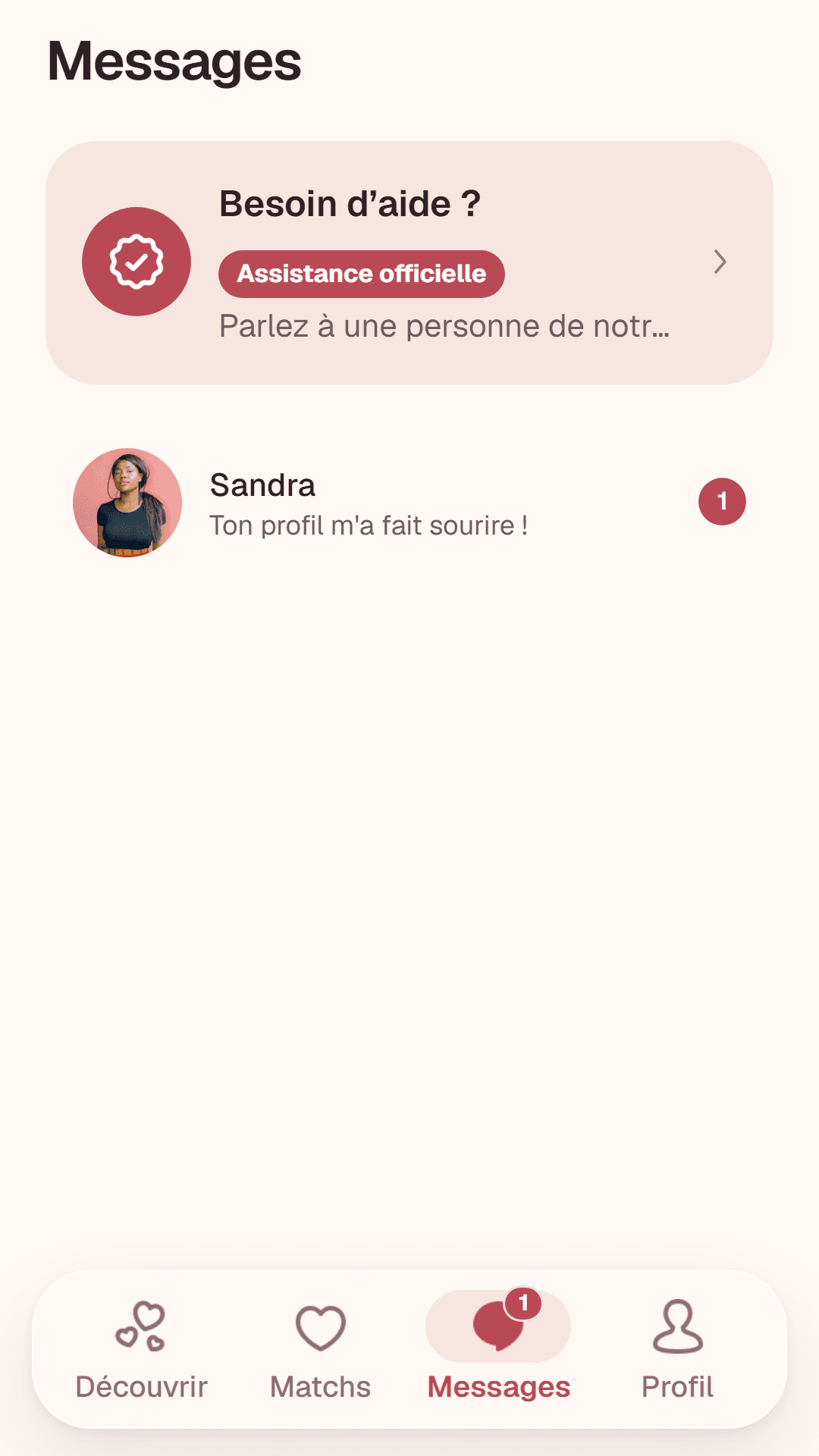 Liste des conversations avec les matchs sur Moyana