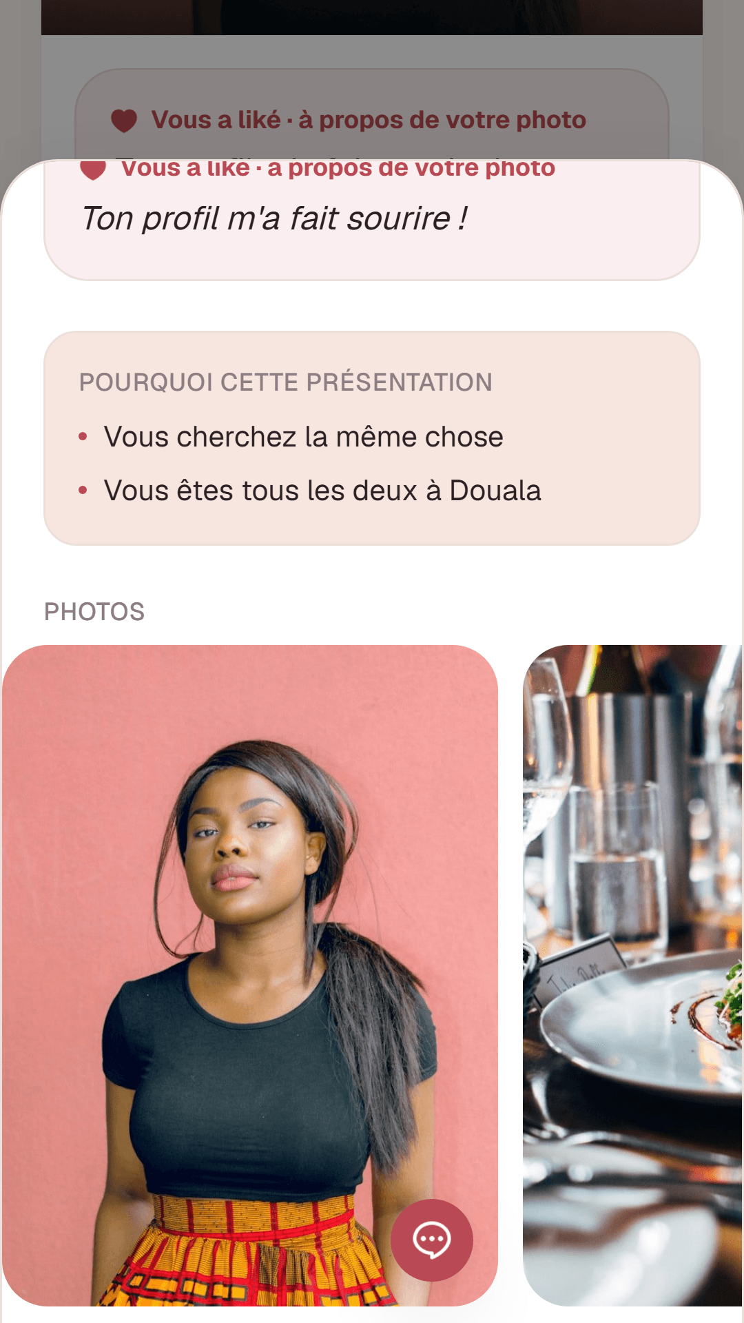 Détail d'un profil vérifié avec photos et centres d'intérêt sur Moyana